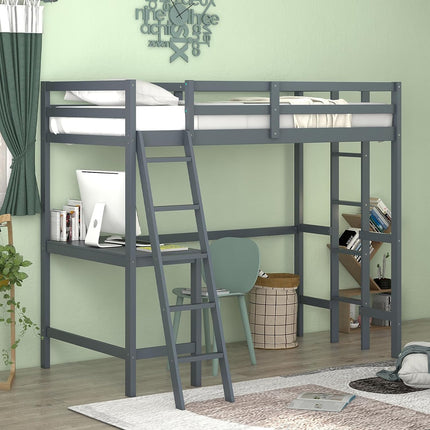 Dreamade Twin Size Loft Bed with Desk, Solid Wood Loft Bed with 2 Ladders & Full Length Guardrail