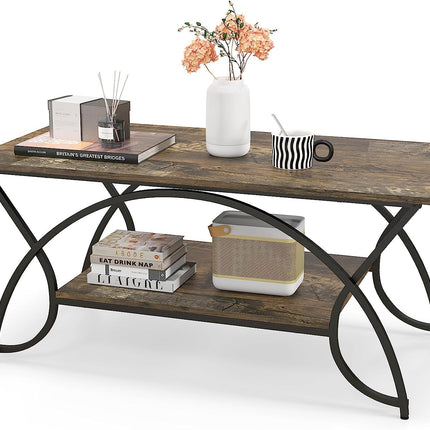 Dreamade 2-Tier Rectangular Coffee Table, Modern Chic Cocktail Table with Open Storage Shelf, White/Gold