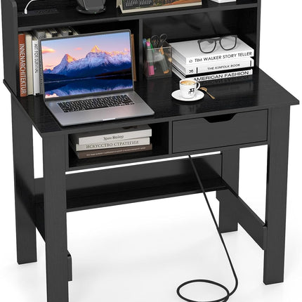Dreamade White Computer Desk with Hutch, Home Office Desk with Power Outlets, USB Ports