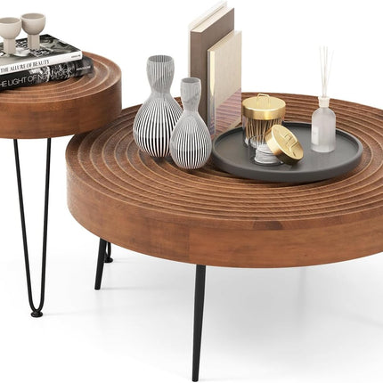 Dreamade Round Coffee Table Set of 2 - Sofa Side Nesting Table w/Solid Pine Wood Top