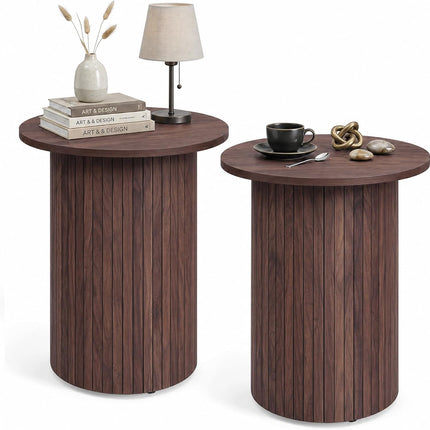 Dreamade Round Side Table, Fluted Mid Century Modern Drum End Table | 22.5‘’ Wooden Pedestal Accent Nightstand for Bedroom