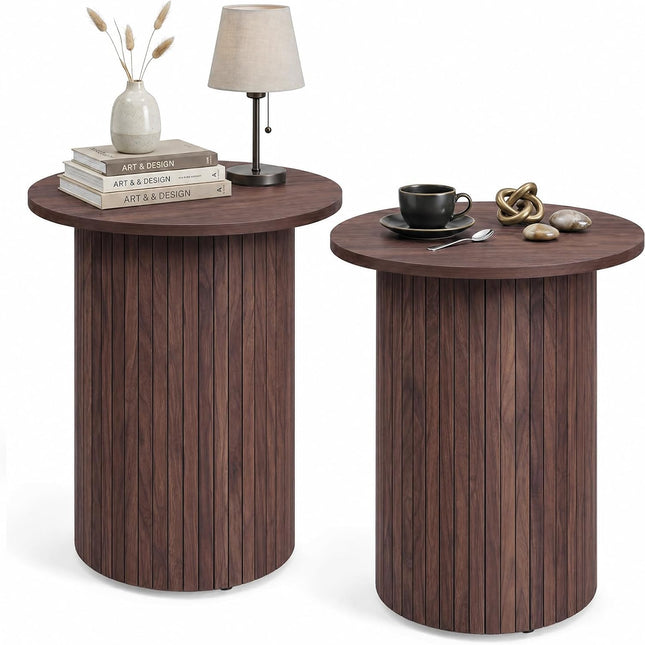 Dreamade Round Side Table, Fluted Mid Century Modern Drum End Table | 22.5‘’ Wooden Pedestal Accent Nightstand for Bedroom