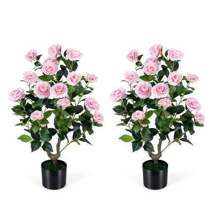 Dreamade 35.5" Artificial Camellia Tree Faux Floral Plant Blooming Tree in Cement Pot