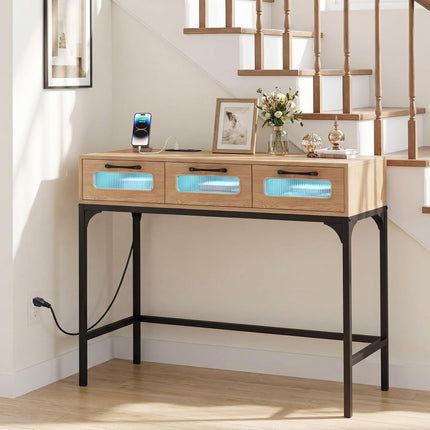 Dreamade 35.5" Gold Console Table with Charging Station & 3 Drawers