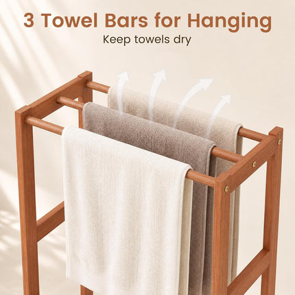 Dreamade 3-Bar Wood Towel Rack Freestanding with Bottom Storage Shelf | Wooden Towel Drying Stand