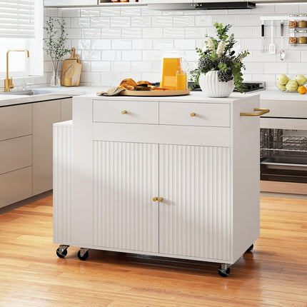 Dreamade 72”-44.5” Extendable Kitchen Island with Storage, Power Outlet | Rolling Kitchen Island Table on Wheels w/Fluted Doors