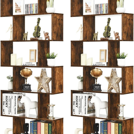 Dreamade Geometric Bookcase Rustic, Solid Wood S-Shaped Bookshelf