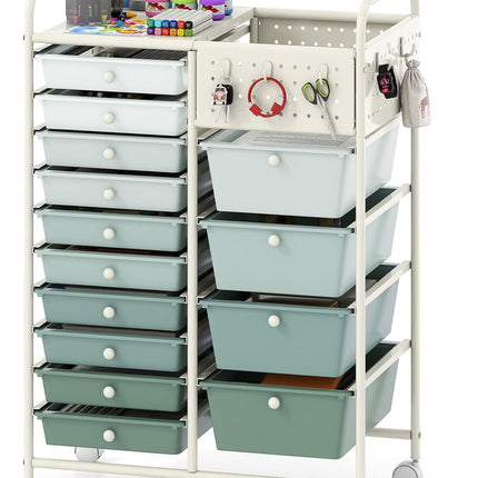 Dreamade 14 Drawer Storage Cart | Rolling Craft Cart with Metal Tabletop & Pegboard
