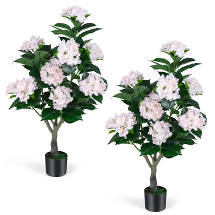 Dreamade 2 Pack Artificial Hydrangea Tree w/11 Flowers & Realistic Trunk in Plastic Nursery Pot