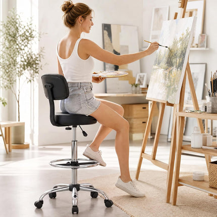 Dreamade Drafting Chair with Back, Adjustable Foot Rolling Stool with Wheels | PVC Leather Tall Office Chair w/ Thickened Cushion