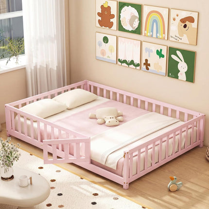 Dreamade Full Size Floor Bed for Kids, Montessori Floor Bed with Wood Slats & Safety Guardrails