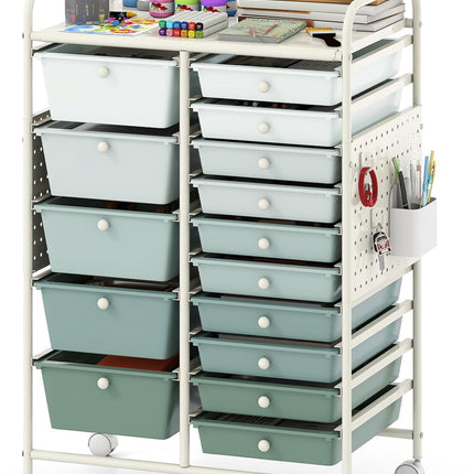 Dreamade 15 Drawer Storage Cart | Rolling Craft Cart with Metal Tabletop & Pegboard