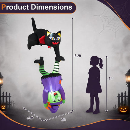 DREAMADE 6.2 FT Halloween Inflatables Black Cat Holding Upside Down Witch