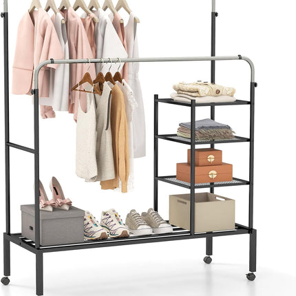 Dreamade Double Rods Garment Rack with Wheels, Clothing Rack w/ 2 Hanging Height Adjustable Rods, Side Mesh Racks