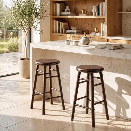 Dreamade 24 Inch Swivel Bar Stools Set of 2, Rubber Wood, Walnut | Round Bar Chairs w/Backless Design