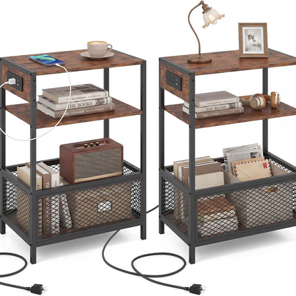 Dreamade 3-Tier End Table w/Metal Mesh Compartment & 2 AC Outlets (1/2)