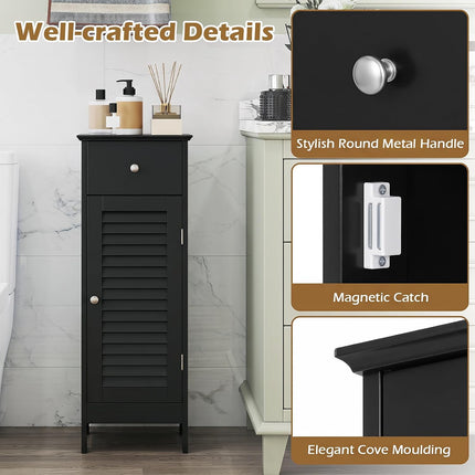 Dreamade Bathroom Floor Storage Cabinet with Door and Drawer, Black | Freestanding Side Cabinet with 3-Height Adjustable Shelf
