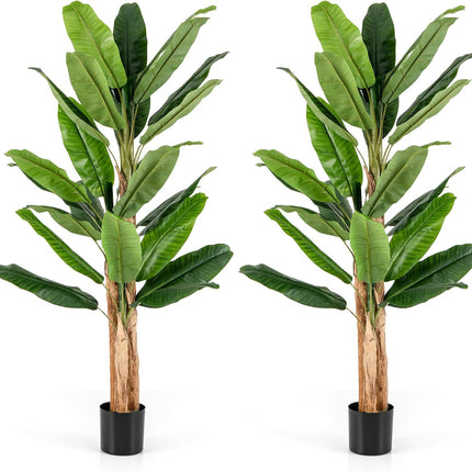 Dreamade 6.5 FT Tall Artificial Banana Tree, Fake Banana Tree w/ 27 Large Leaves, Triple Stalks, Natural Bark