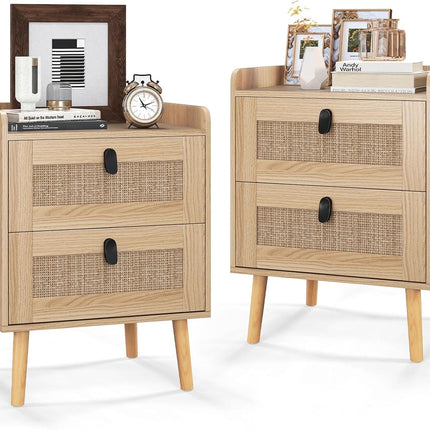 Dreamade Rattan Nightstand, Boho 2/3-Drawer Dresser with 4 Solid Wood Legs