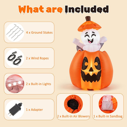 DREAMADE 5FT Animated Halloween Inflatable Rising Cute Ghost in Pumpkin