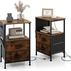Dreamade Nightstand with Charging Station, Industrial Bedside Table with 2 Fabric Drawers & 6 Storage Pockets