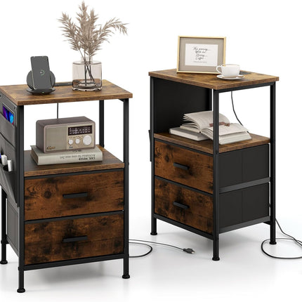 Dreamade Nightstand with Charging Station, Industrial Bedside Table with 2 Fabric Drawers & 6 Storage Pockets