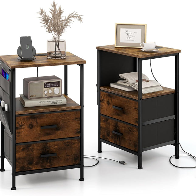 Dreamade Nightstand with Charging Station, Industrial Bedside Table with 2 Fabric Drawers & 6 Storage Pockets