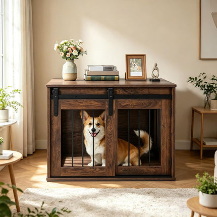 Dreamade 31.5" Dog Crate Furniture with Sliding Barn Door, Wooden Dog Kennel | Heavy Duty Wood Pet Cage End Side Table
