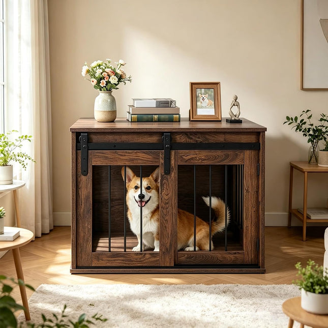 Dreamade 31.5" Dog Crate Furniture with Sliding Barn Door, Wooden Dog Kennel | Heavy Duty Wood Pet Cage End Side Table