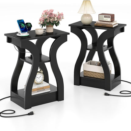 Dreamade End Tables with Charging Station Set of 2 Narrow Sofa Side Tables with Open Storage Shelves