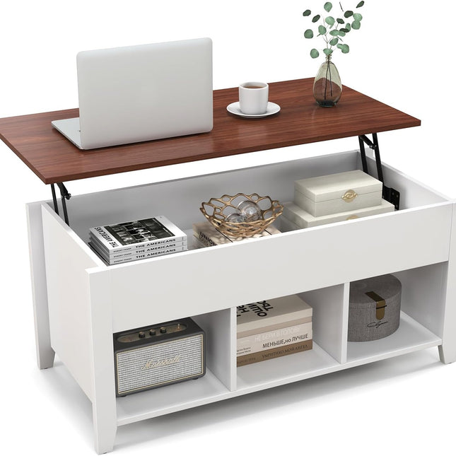 Dreamade Lift Top Coffee Table - Rectangular Wooden Table w/Hidden Compartment & Open Storage Shelves