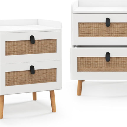 Dreamade Rattan Nightstand, Boho 2/3-Drawer Dresser with 4 Solid Wood Legs