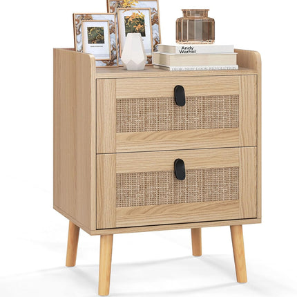 Dreamade Rattan Nightstand, Boho 2/3-Drawer Dresser with 4 Solid Wood Legs