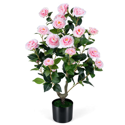 Dreamade 35.5" Artificial Camellia Tree Faux Floral Plant Blooming Tree in Cement Pot