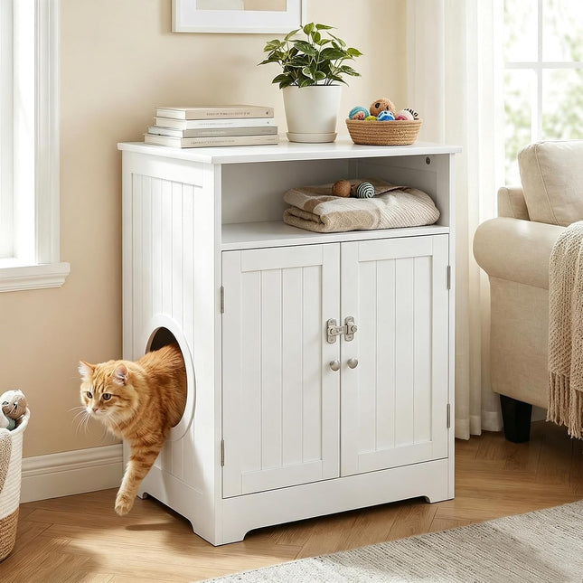 Dreamade Cat Litter Box Enclosure, Hidden Litter Box Furniture with Mat | Wooden Kitty Washroom Cabinet