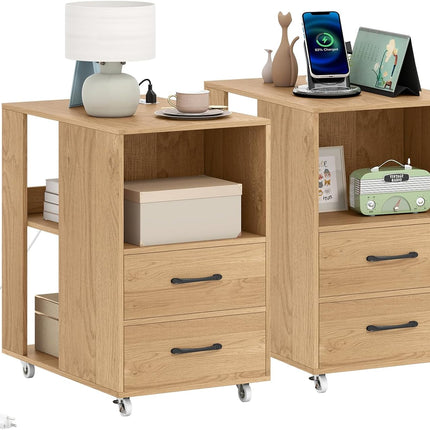 Dreamade End Table with Charging Station - Night Stand on Wheels