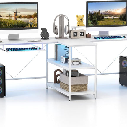Dreamade 94.5” 2 Person Desk with LED Lights, Long PC Study Desk with Storage Shelves, Power Outlets