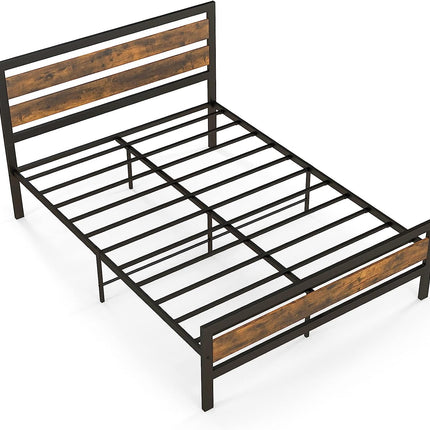 Dreamade Queen Metal Platform Bed Frame with Wooden Headboard & Footboard, Rustic Brown