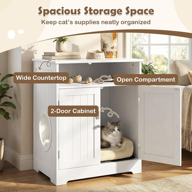 Dreamade Cat Litter Box Enclosure, Hidden Litter Box Furniture with Mat | Wooden Kitty Washroom Cabinet
