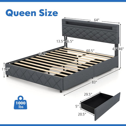 Dreamade Queen/Full Size Bed Frame with Storage Headboard and 4 Drawers, Modern Upholstered Platform Bed with Charging Station