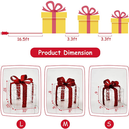 Lighted Gift Boxes Christmas Decoration, Set of 3 White Present Ornament Boxes with 60 LED Lights - DreamadeUS