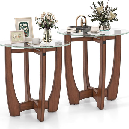 Dreamade Glass End Table, Round Side Table with Rubber Wood Frame & Tempered Glass Top, 23.5" Small Black Coffee Table