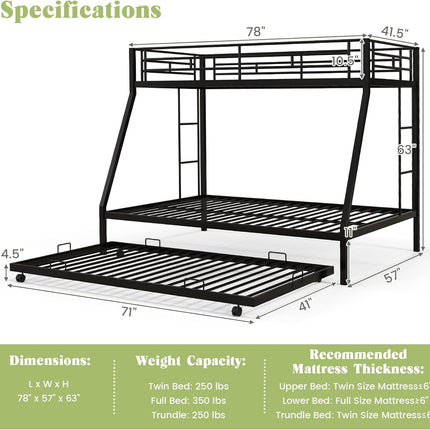 Dreamade Twin Over Full Bunk Bed with Trundle, Heavy-Duty Metal Triple Bunk Beds w/Two Side Ladders & Safety Guard Rail, Black