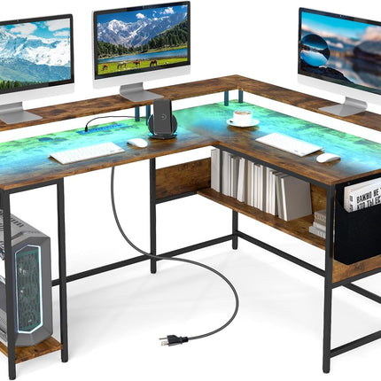 Dreamade L Shaped Desk with LED Light & Power Outlets Ergonomic Home Office Desk