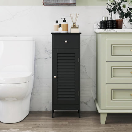 Dreamade Bathroom Floor Storage Cabinet with Door and Drawer, Black | Freestanding Side Cabinet with 3-Height Adjustable Shelf
