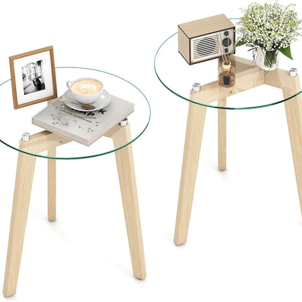 Dreamade Glass Round Side Table w/Tempered Glass Top & Rubber Wood Frame