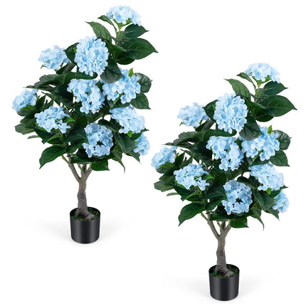 Dreamade 2 Pack Artificial Hydrangea Tree w/11 Flowers & Realistic Trunk in Plastic Nursery Pot