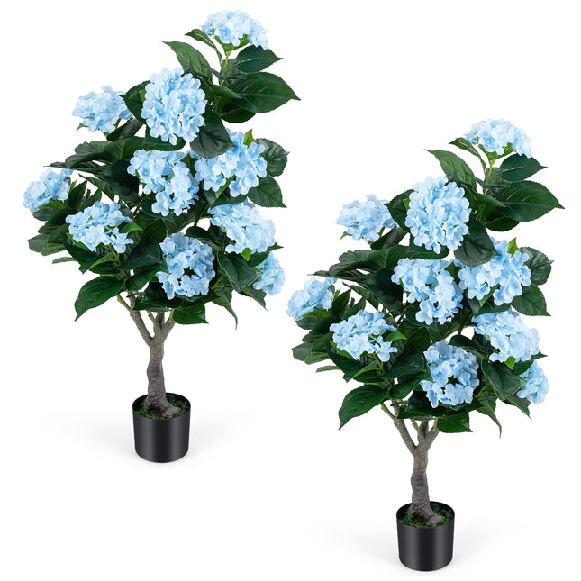 Dreamade 2 Pack Artificial Hydrangea Tree w/11 Flowers & Realistic Trunk in Plastic Nursery Pot