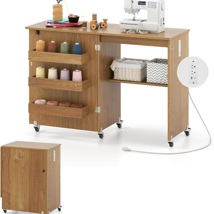 Dreamade Folding Sewing Table with Charging Station