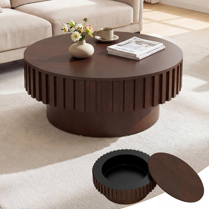 Dreamade Round Coffee Table with Storage | Modern Drum Fluted Center Table with Solid Wood Veneered